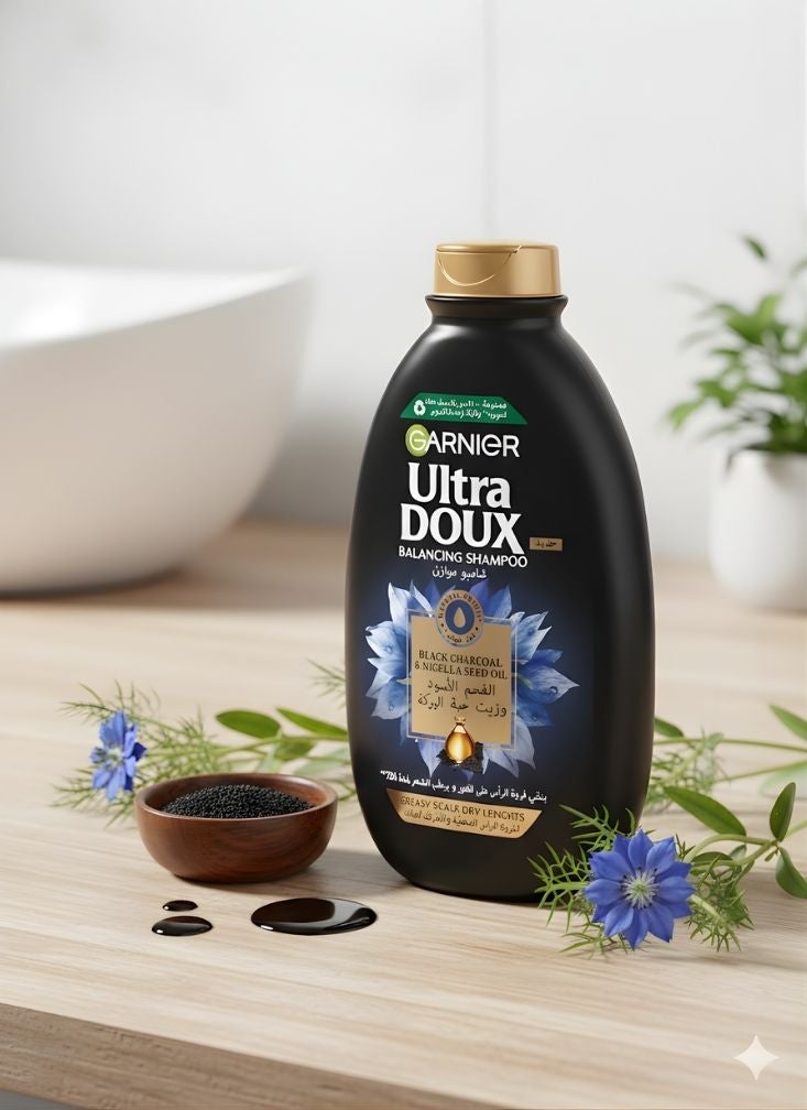 Ultra doux Garnier Ultra Doux Balancing Shampoo with Black Charcoal & Nigella Seed Oil – Black Bottle Shampoo for Greasy Scalp and Dry Lengths, Black Color, 1 Pc - Image 2